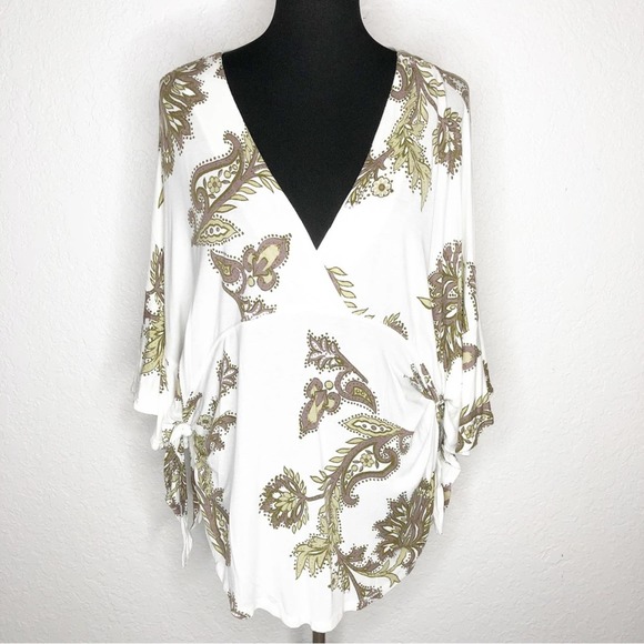 Free People Tops - Free People white army green brown floral bell sleeve side tie top size Medium